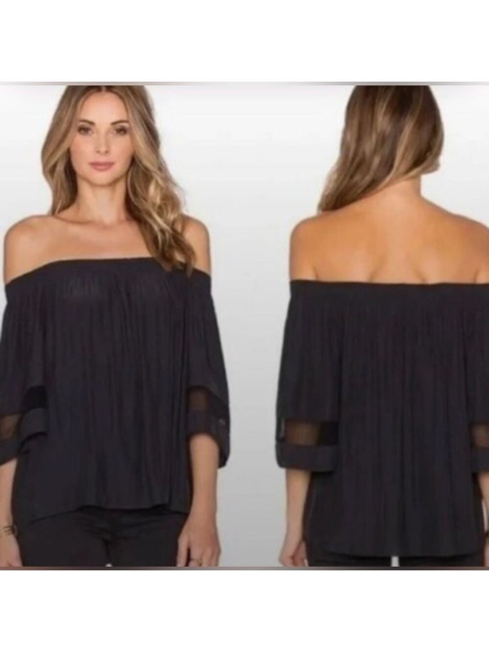 Ramy Brook Black Silk Off-Shoulder short Sleeve Blouse size small